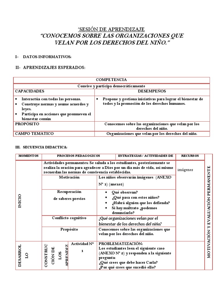 SESIÓN de APRENDIZAJE - Organizaciones Que Velan Por Los Derechos Del ...