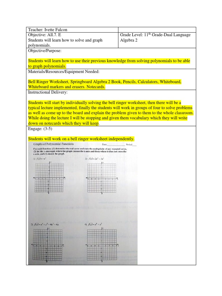 Algebra 2 polynomial graphs worksheet