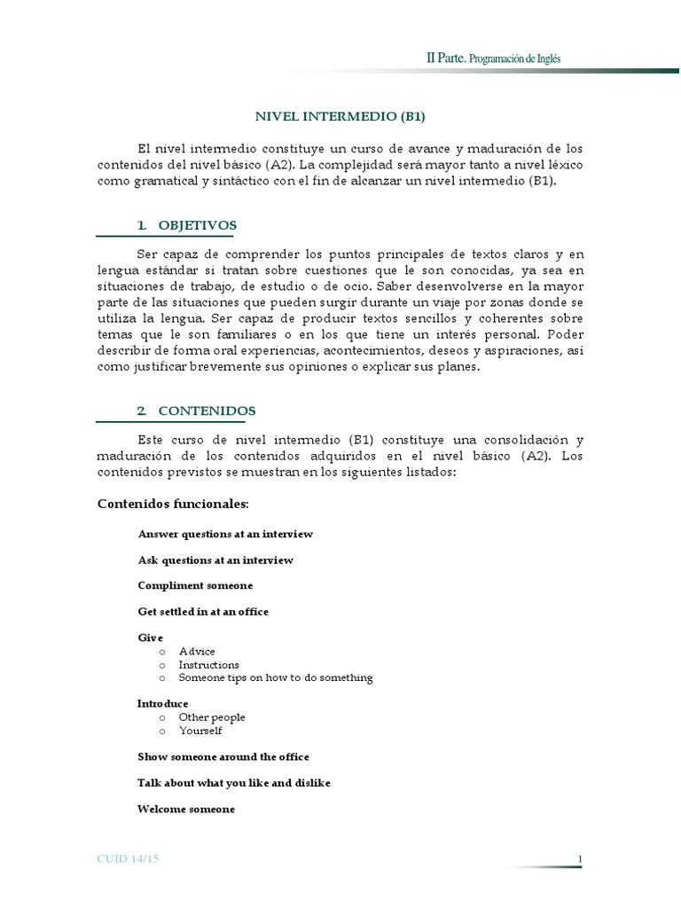 Curso de Inglés Intermedio B1: Contenidos y Objetivos | PDF | Prueba ...
