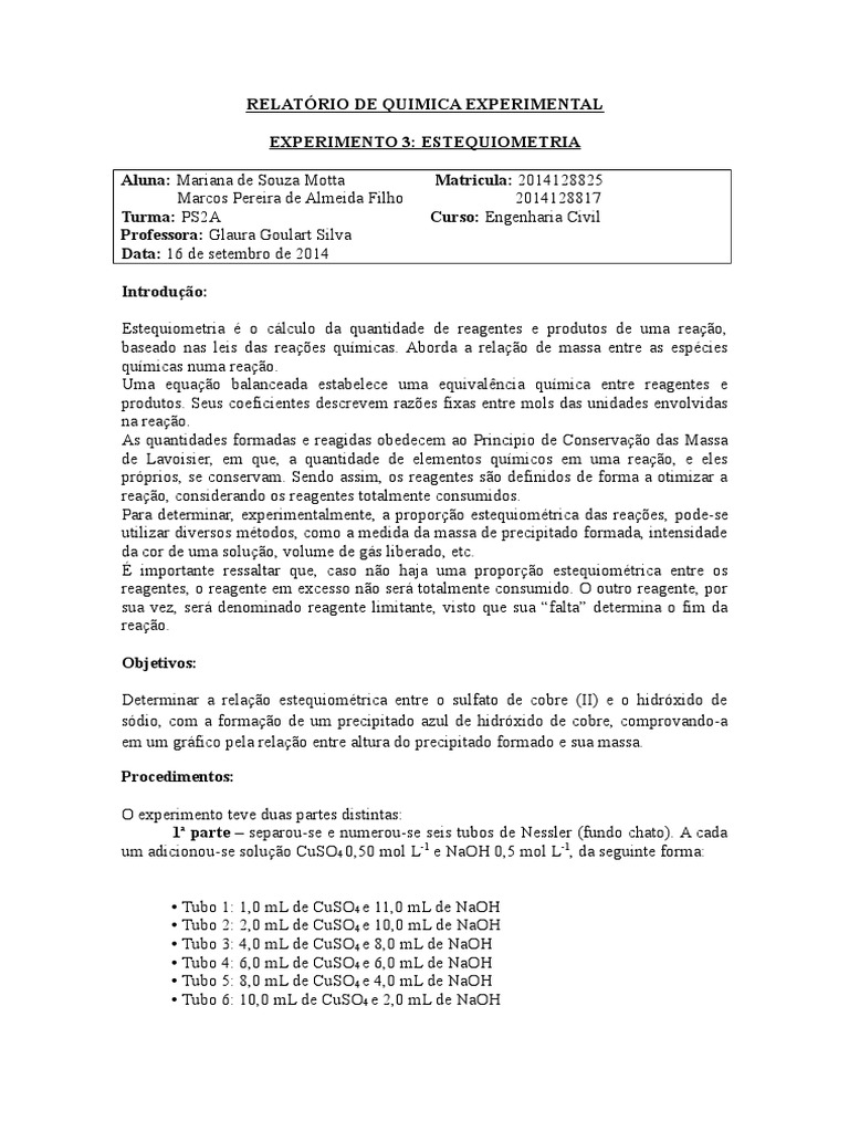 Como Fazer Um Relatorio De Quimica Aula Pratica