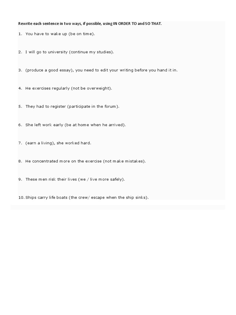 Rewrite Each Sentence in Two Ways, If Possible, Using IN ORDER TO and ...