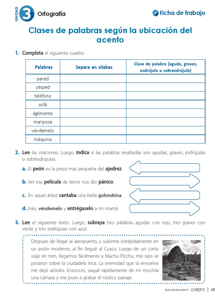 Com4p U3 Ficha Ortografia Clases de Palabras Segun La Ubicacion Del Acento  | PDF | Lingüística | Ocio