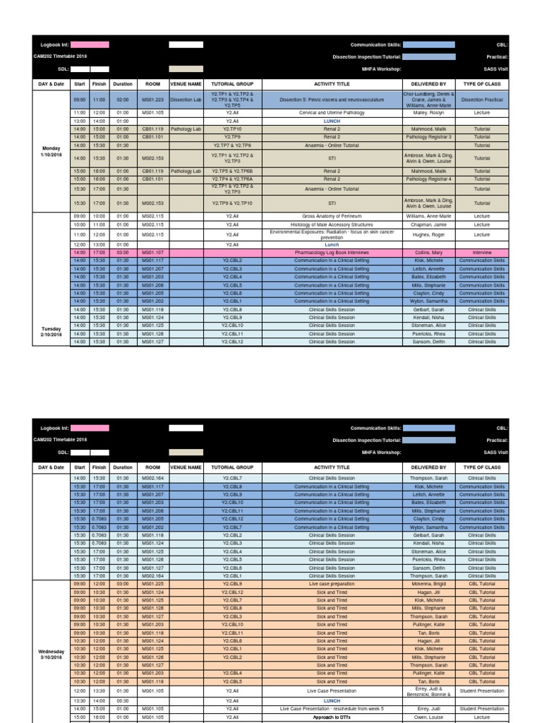 CAM202 Timetable 2018 - Week 11 V3 | PDF | Pathology | Clinical Medicine