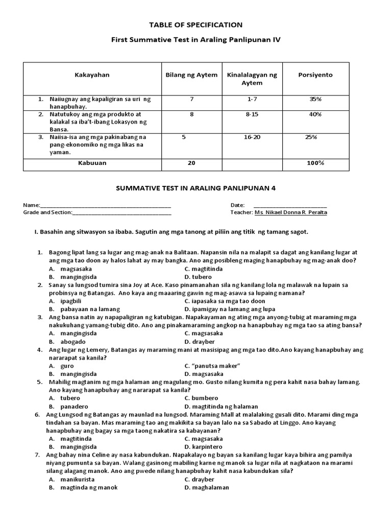 AP Grade 4 Quiz Quarter 2 | PDF