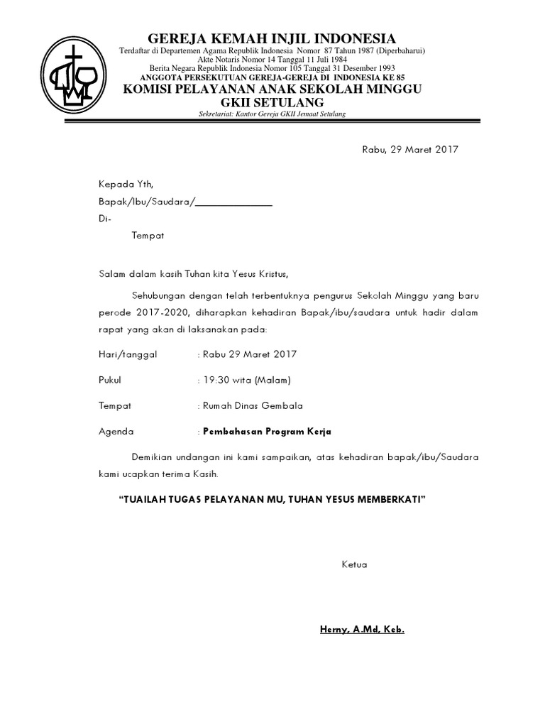 Undangan Rapat Pengurus Sekolah Minggu Pdf