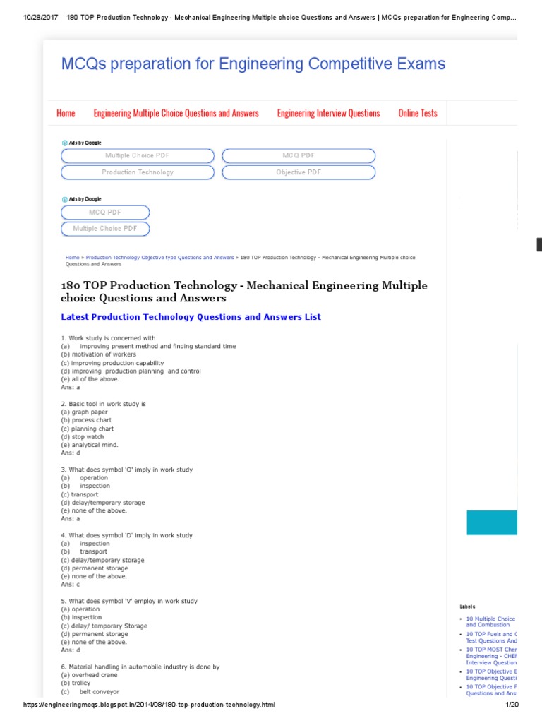 180 Top Production Technology Question and Answers PDF | PDF | Multiple ...