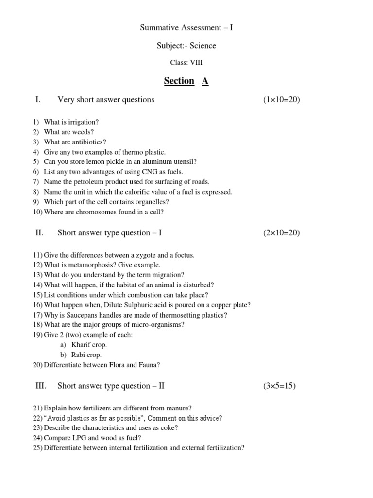 Science Summative Assessment Class VIII | PDF | Fibers | Metals