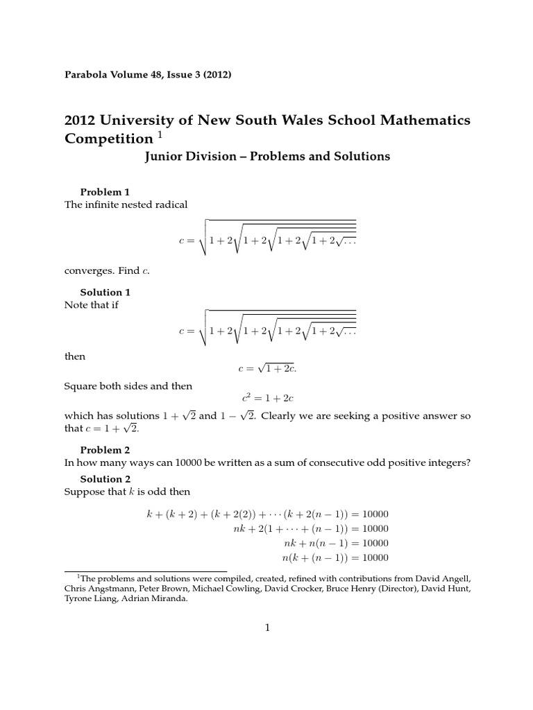 UNSW Maths Competition 2012 Solutions | PDF | Integer | Triangle