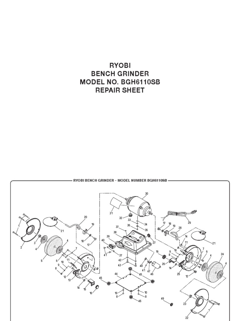 Ryobi Bench Grinder Model BGH6110SB Repair Sheet An Annotated Parts