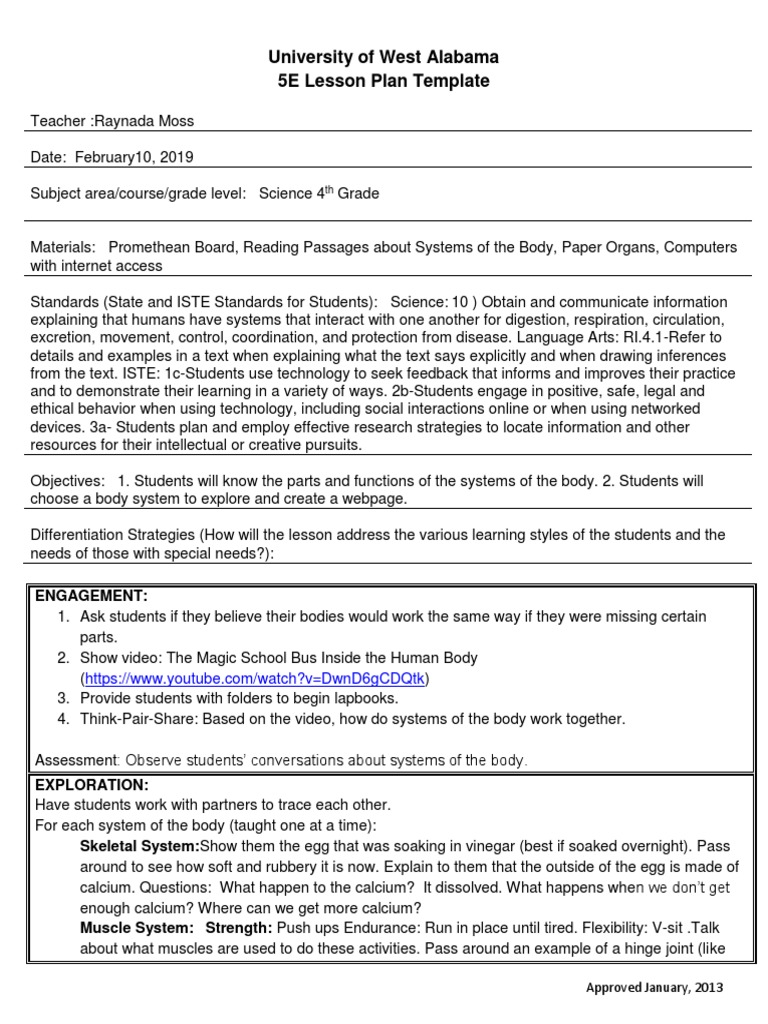 5e Lesson Plan Systems Of The Body Classroom Lesson Plan