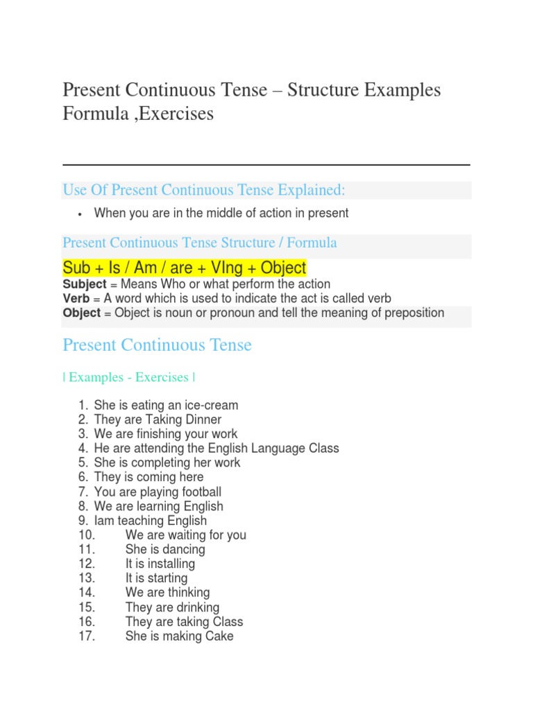 Present Continuous Tense - Structure Examples Formula, Exercises | PDF ...