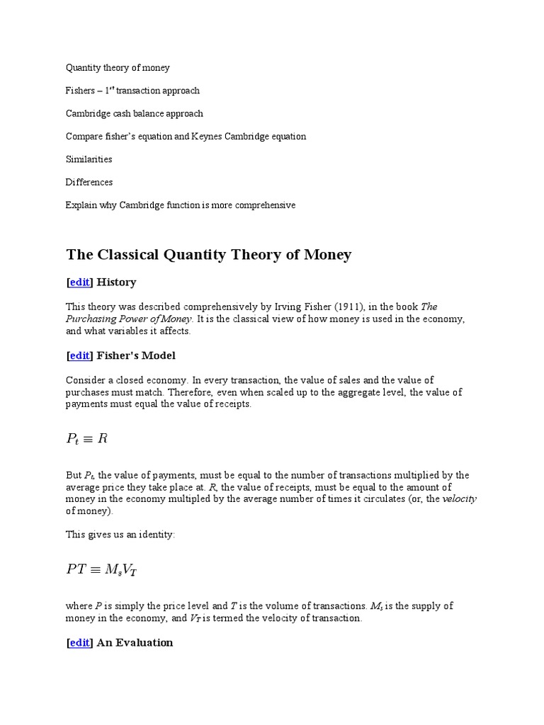 The Classical Quantity Theory of Money: History | PDF | Quantity Theory ...