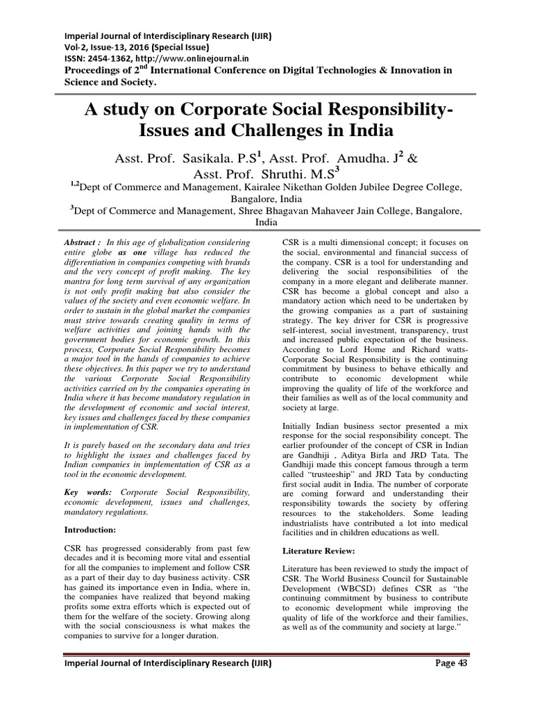 A Study On Corporate Social Responsibility - Issues and Challenges in ...