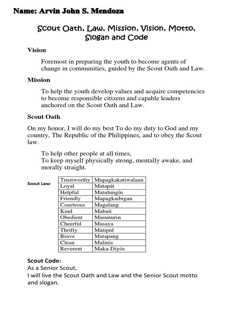 Scout Oath, Law, Mission, and Vision | PDF