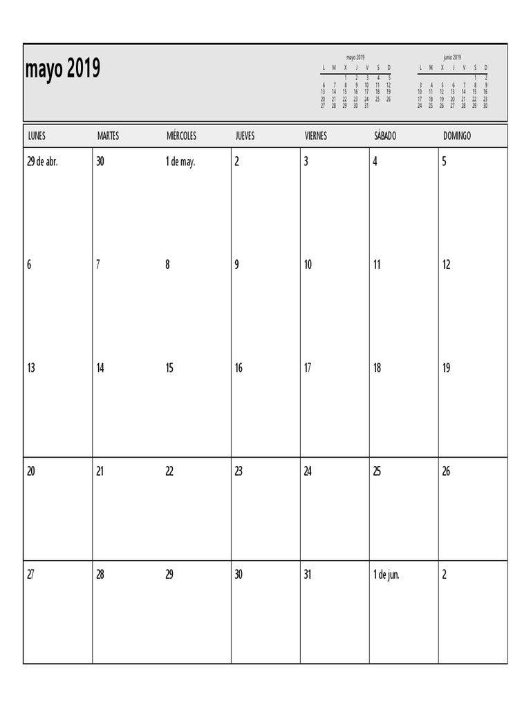 Monthly calendar for May and June 2019 showing weekdays, dates and ...