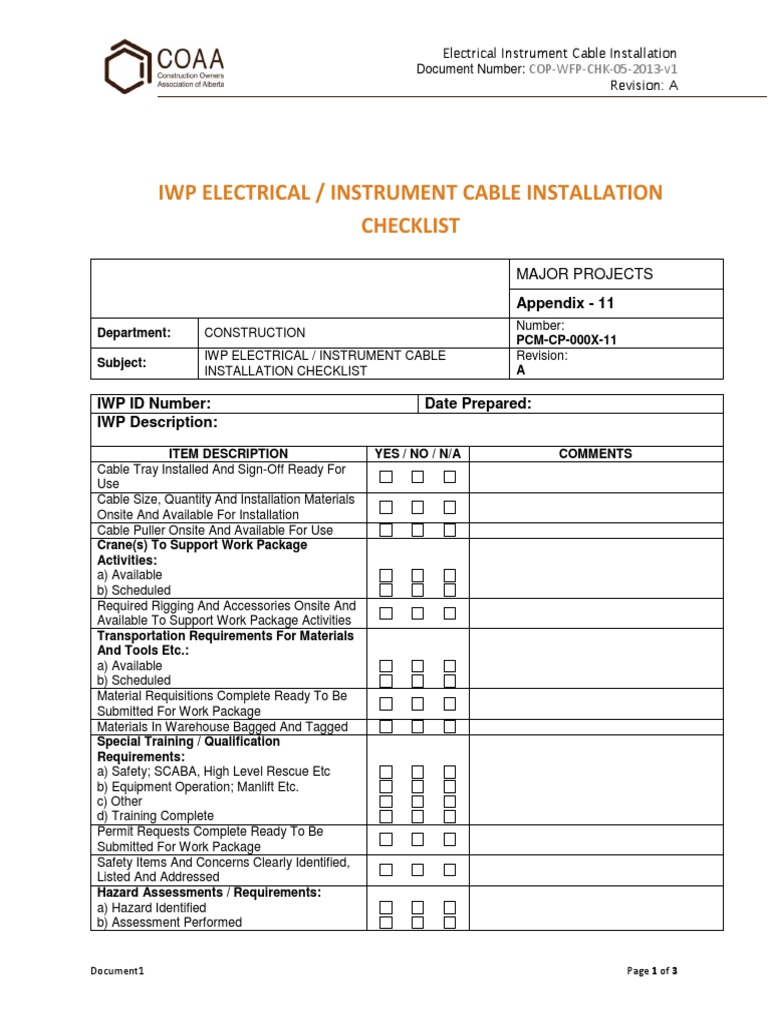 COP WFP CHK 05 2013 v1 Electrical Instrument Cable Installation PDF