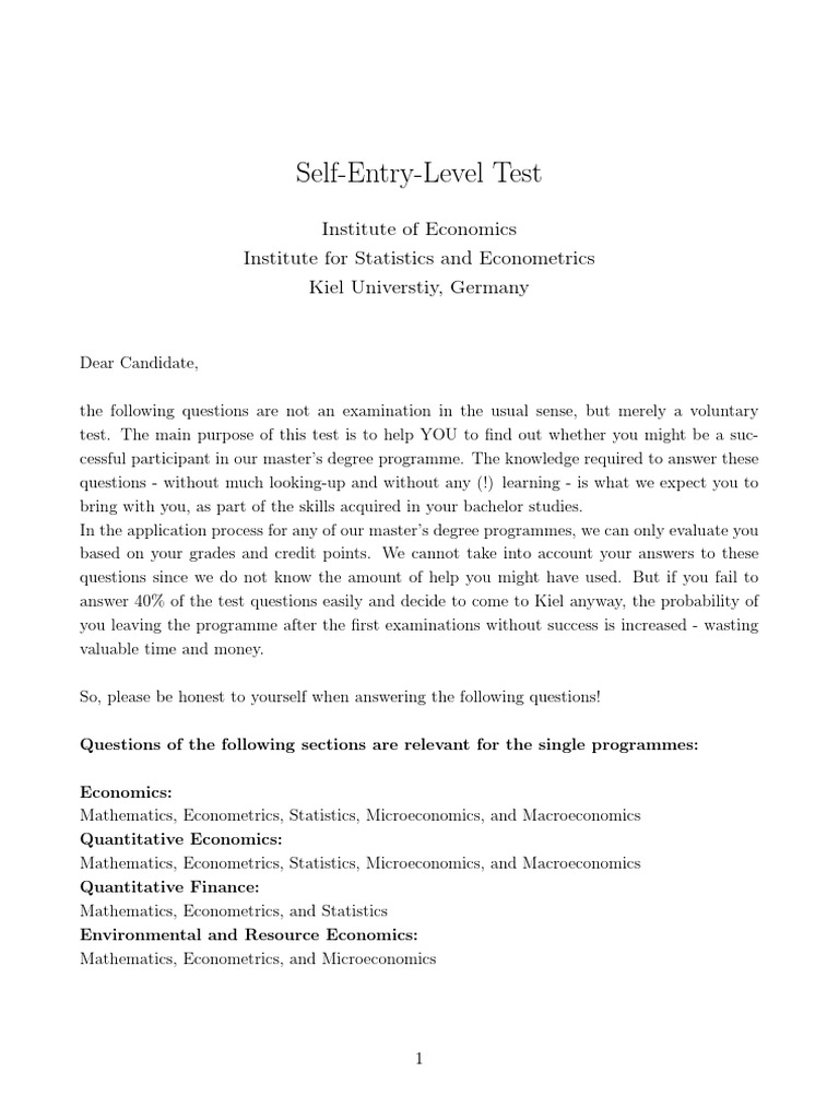 Economics Master’s Entry Test Guide | PDF | Ordinary Least Squares ...