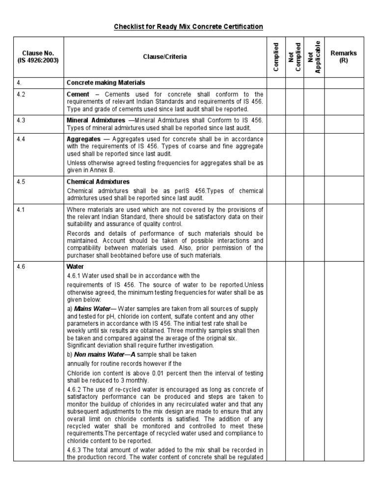 Checklist For RMC PDF Concrete Cement