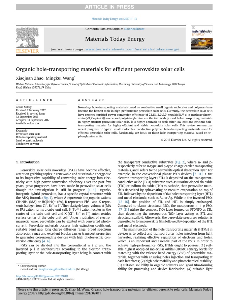 Organic Hole Transport Materials For Perovskite Solar Cells PDF | PDF ...