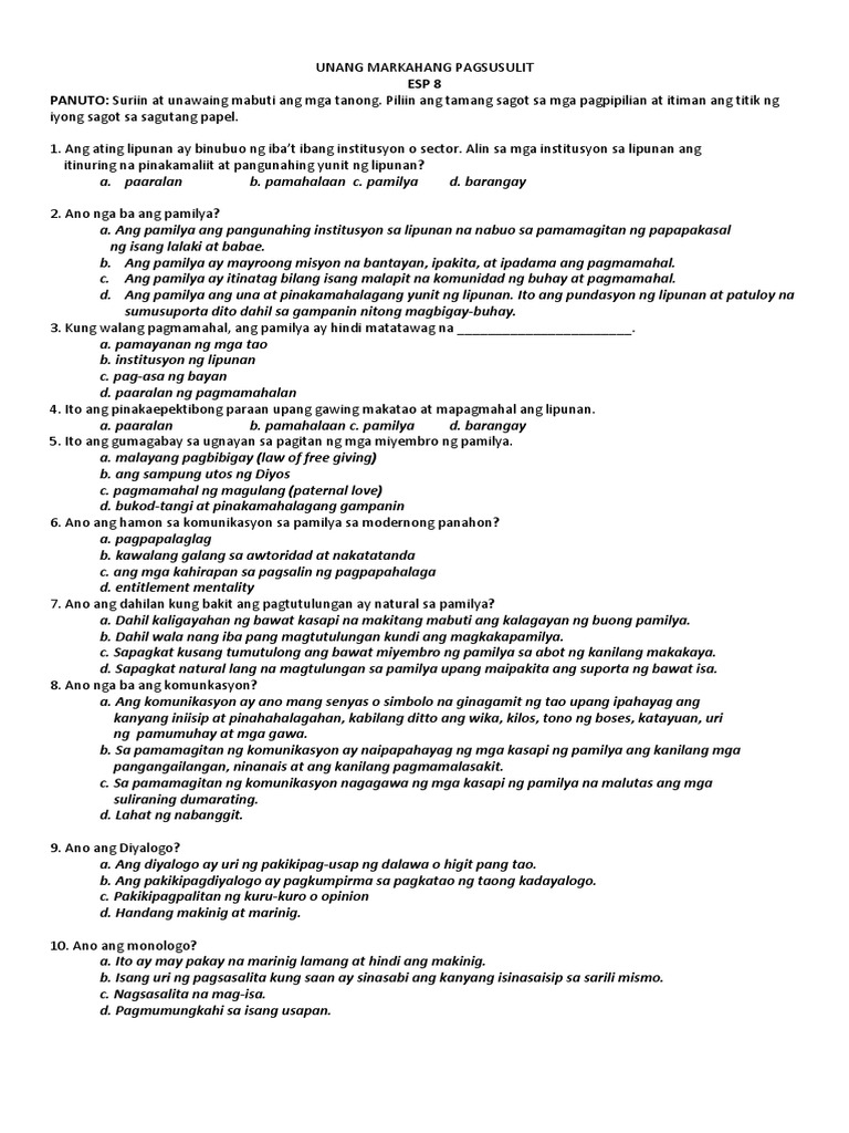 Esp Grade 8 1st Quarter Examination | PDF