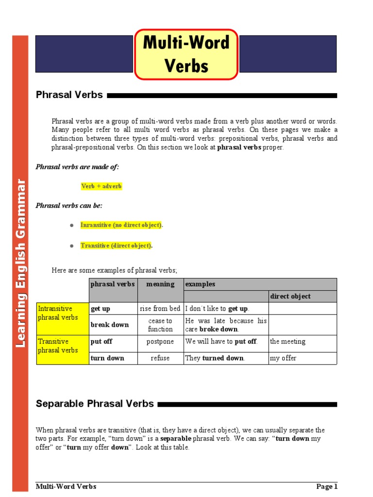 Multi Word Verbs Object Grammar Verb