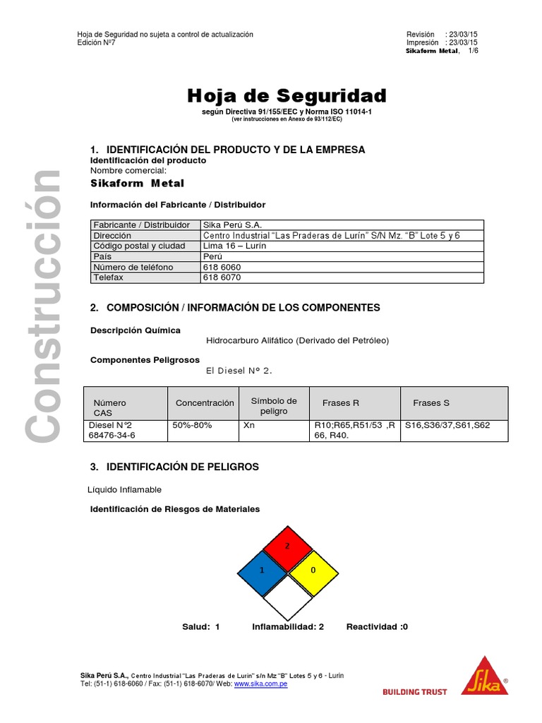 Hoja de Seguridad de Sikaform Metal