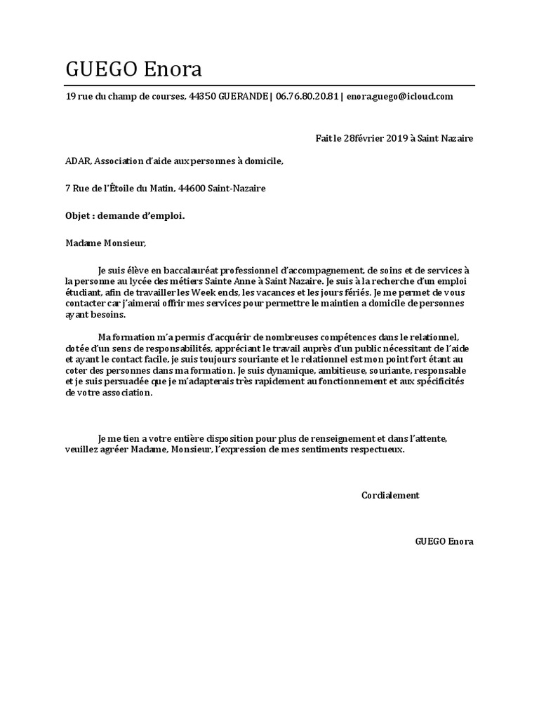 Lettre de Motivation Aide A Domicile | PDF