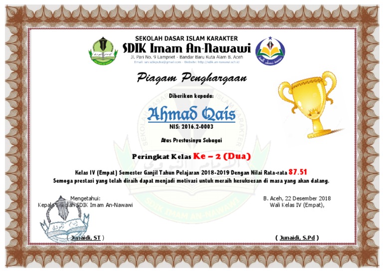 Piagam Rangking Ahmad Qais