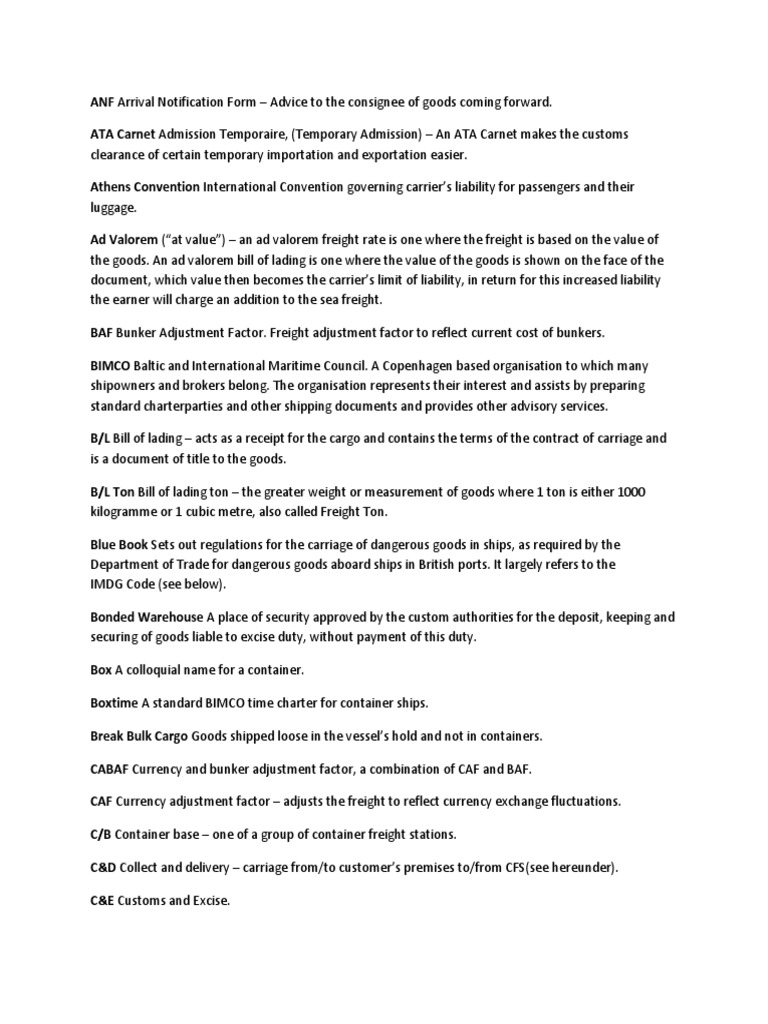AAA Shipping Abbreviations PDF Cargo Bill Of Lading