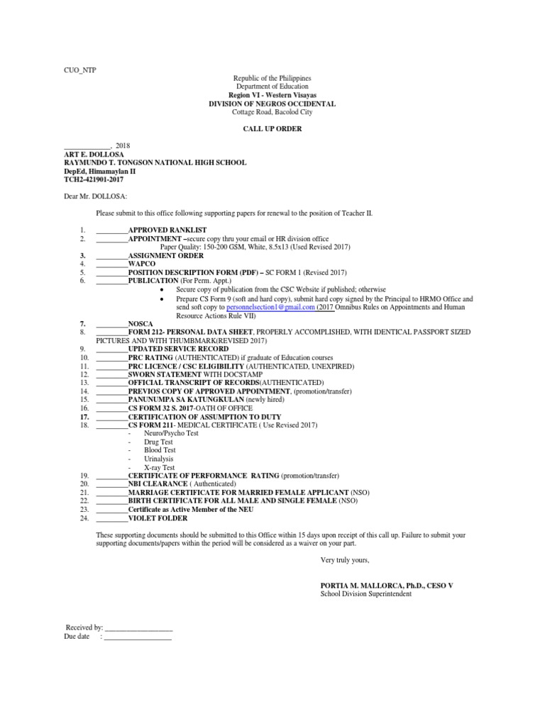 Call Up Order for Teacher II Renewal | PDF | Government