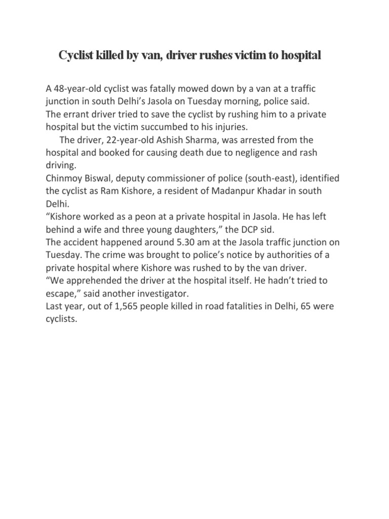 Cyclist Killed by Van, Driver Rushes Victim To Hospital | PDF
