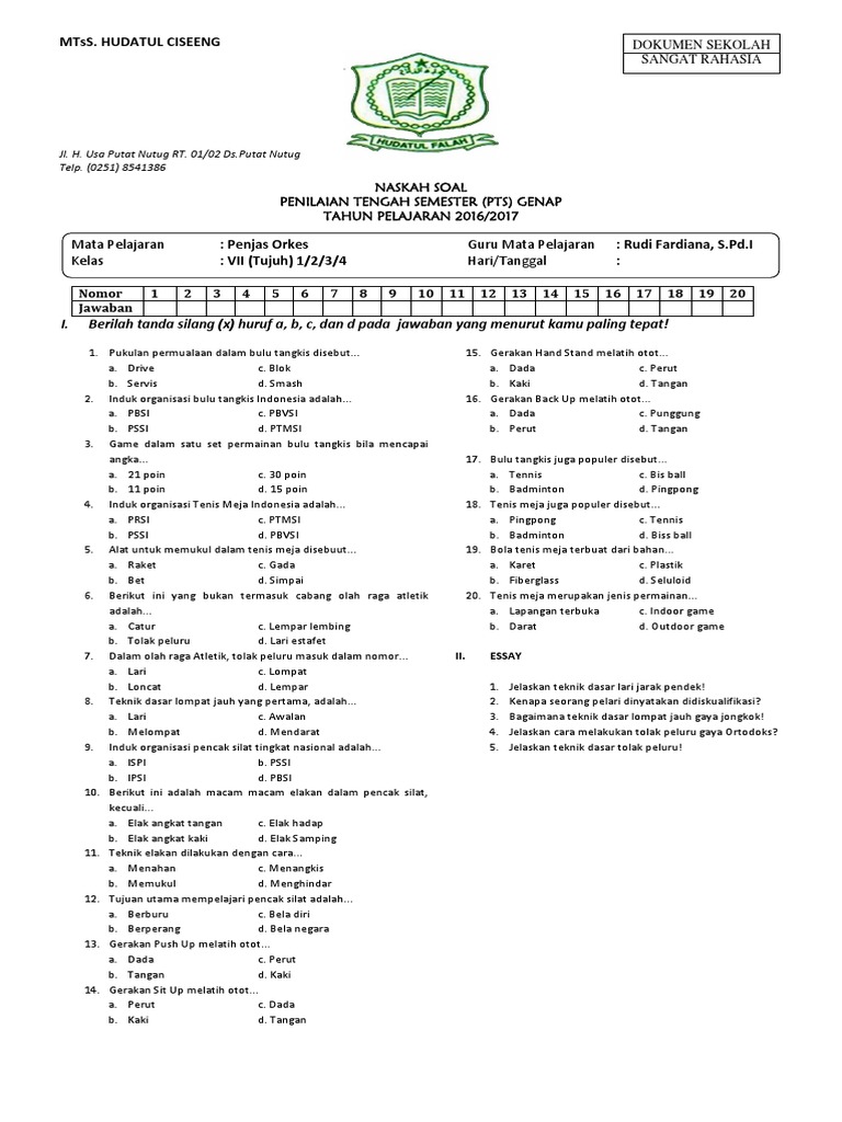 Soal Uts Genap Pjok 9 2018 2019