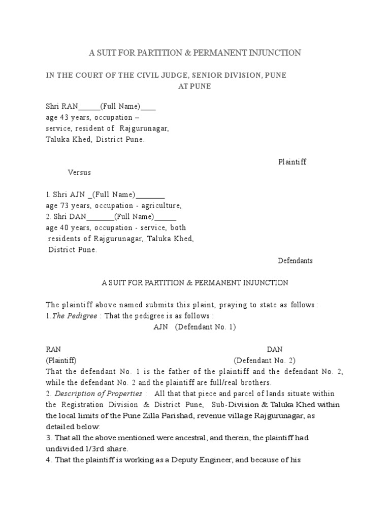 Suit For Partition & Permanent Injunction1118 PDF Lawsuit Property