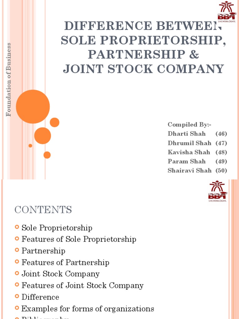 Difference Between Sole Proprietorship, Partnership & Joint Stock