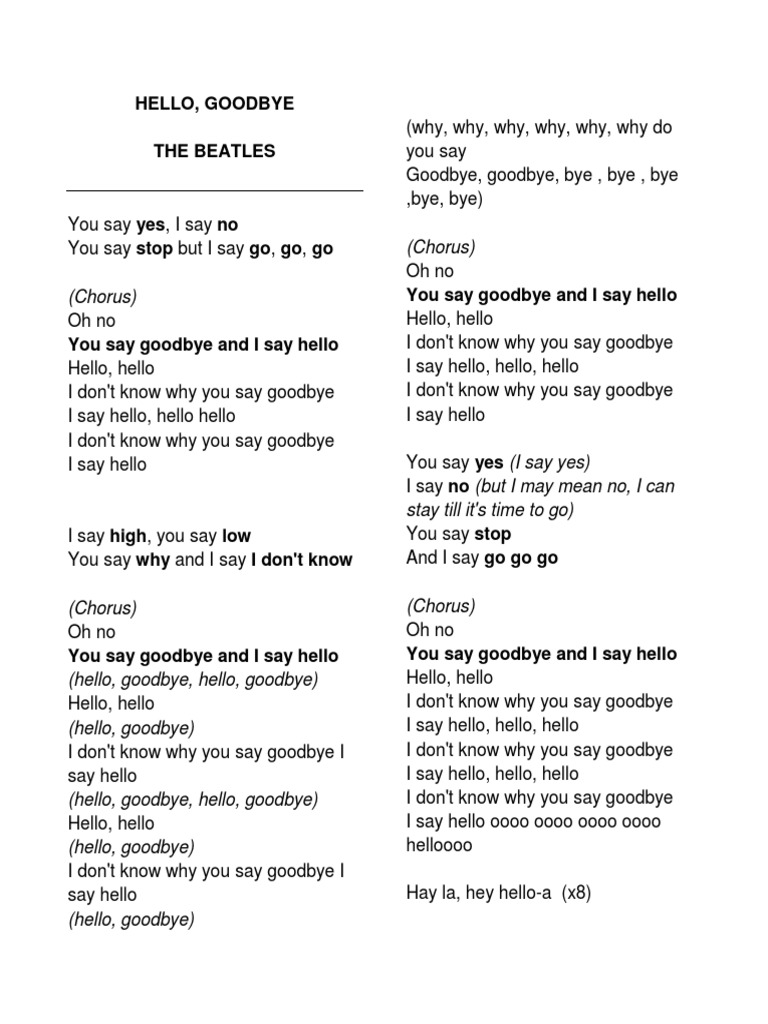 The Beatles Hello And Good Bye Lyrycs Pdf