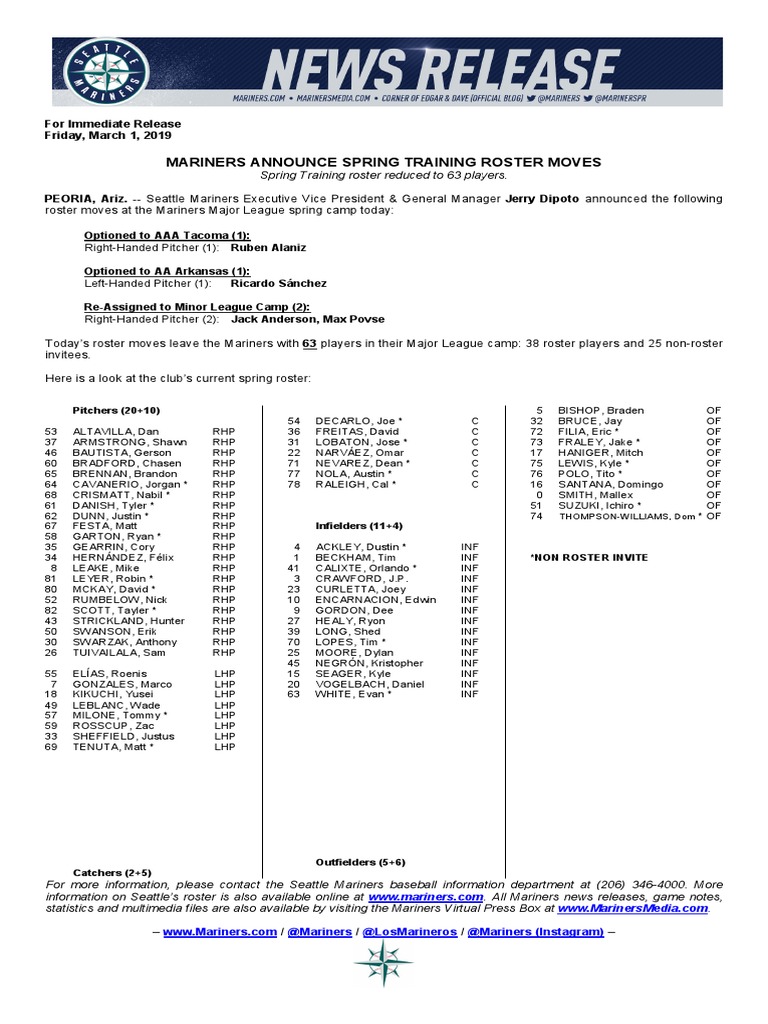 Mariners Spring Training Roster Update | PDF | Major League Baseball ...