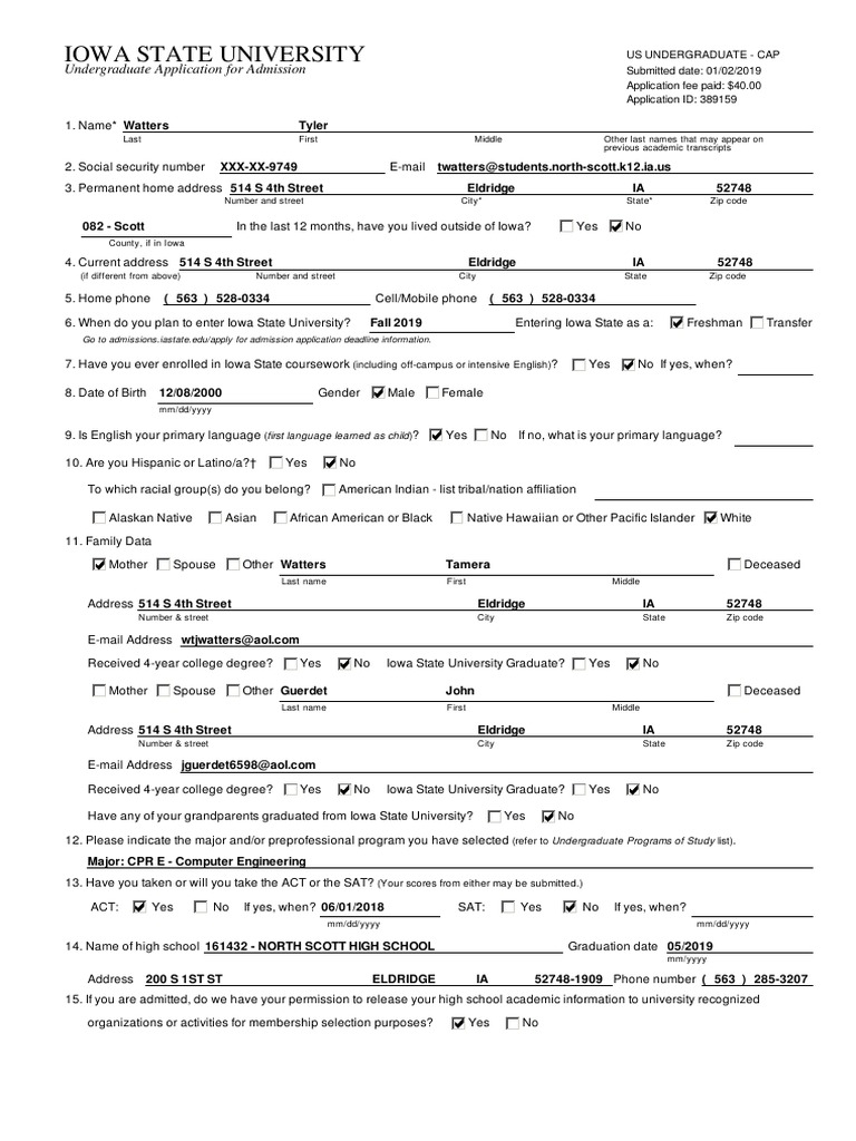 Iowa State University Undergraduate Application for Admission Act