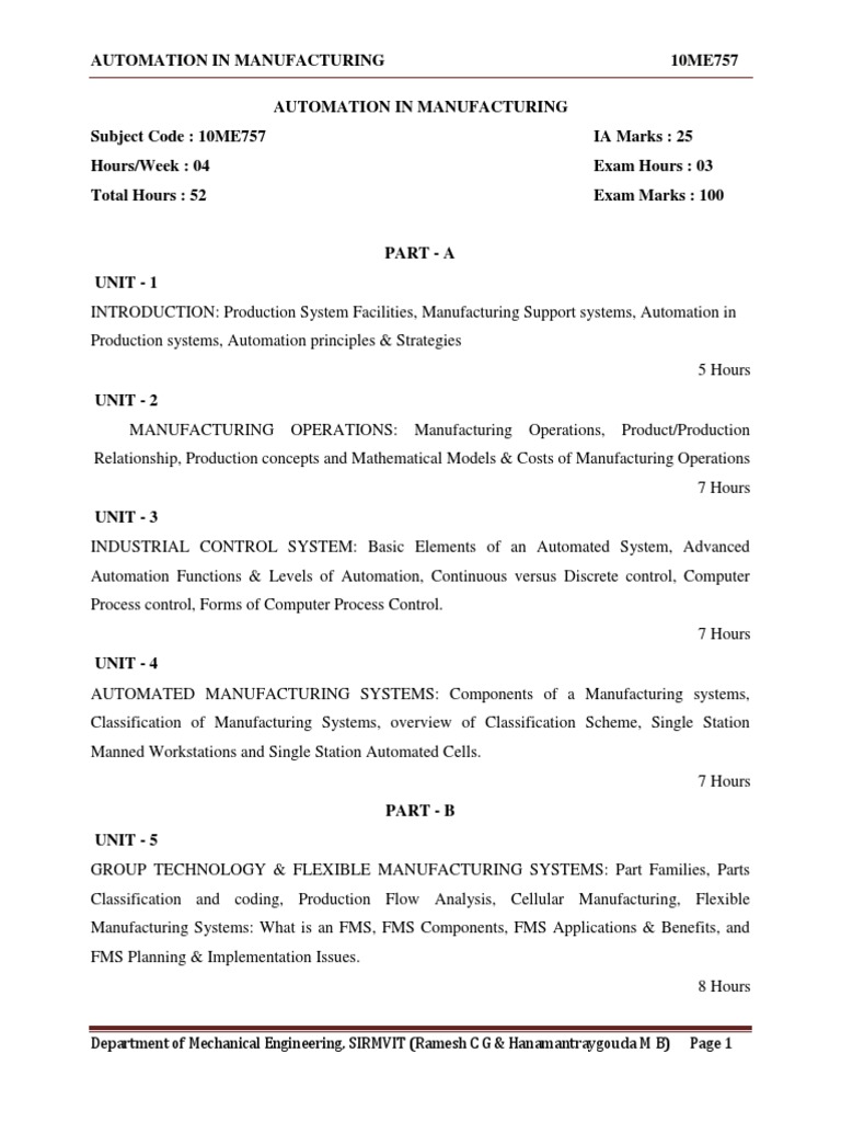 Automation in Manufacturing 10ME757: Department of Mechanical ...