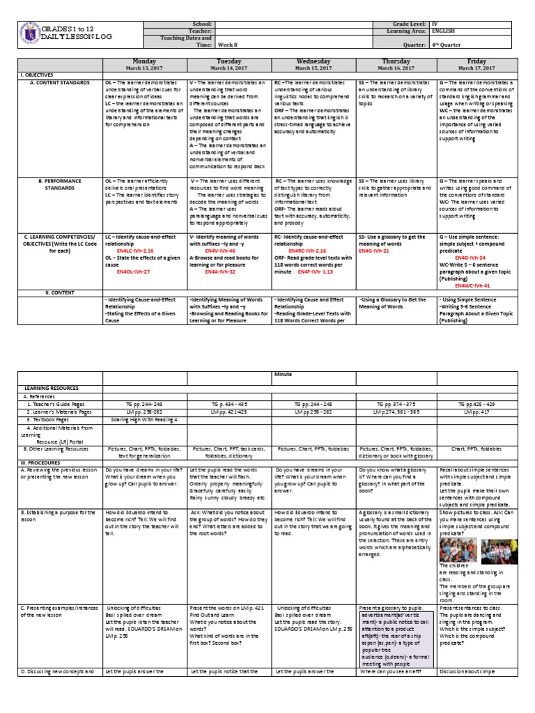 Grade 4 English Daily Lesson Plan | PDF | Adjective | Adverb