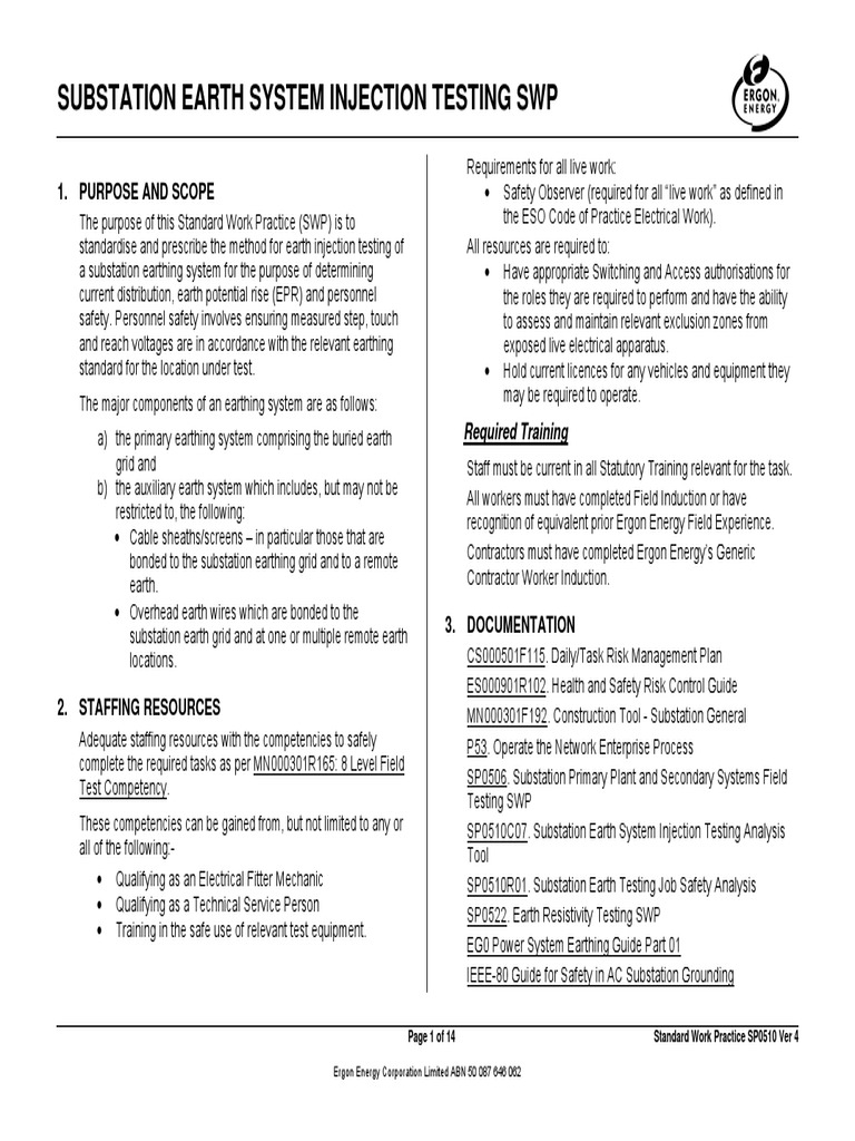 Substation Earth Injection Testing SWP | PDF | Electrical Substation ...