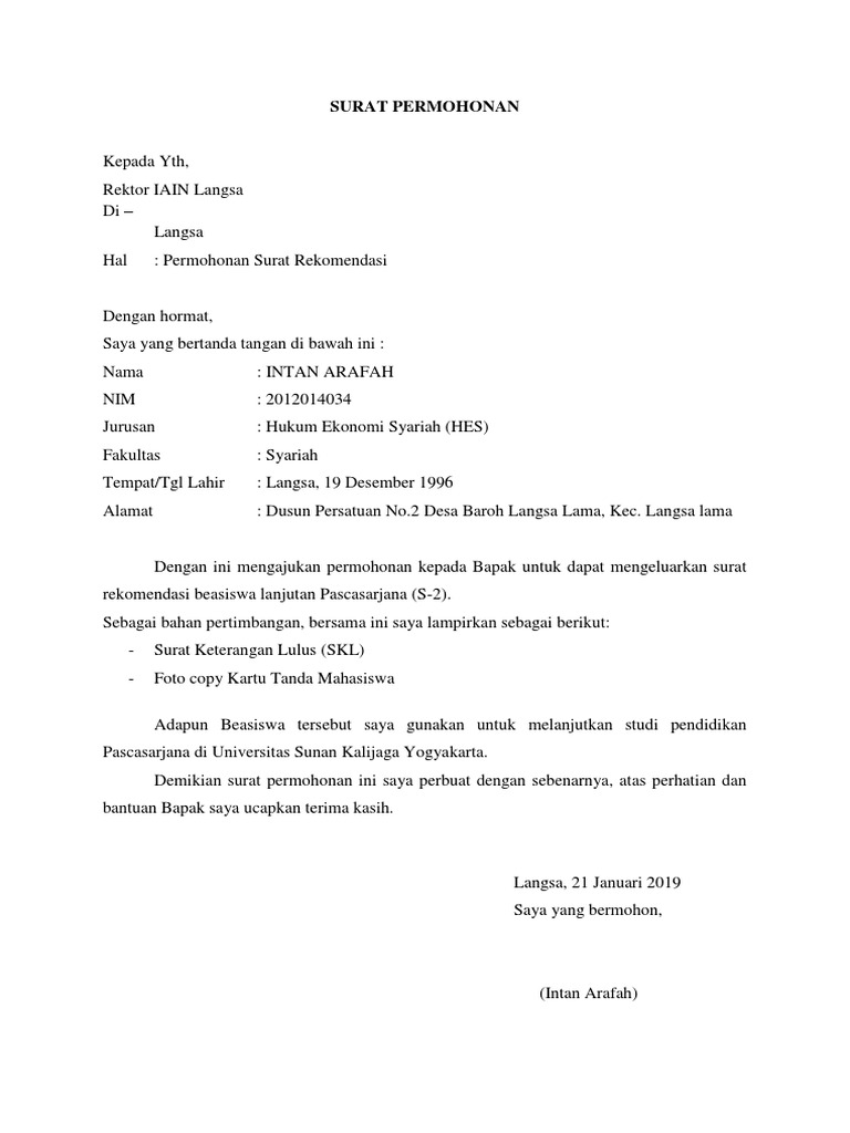 Contoh Surat Permohonan Beasiswa Kuliah