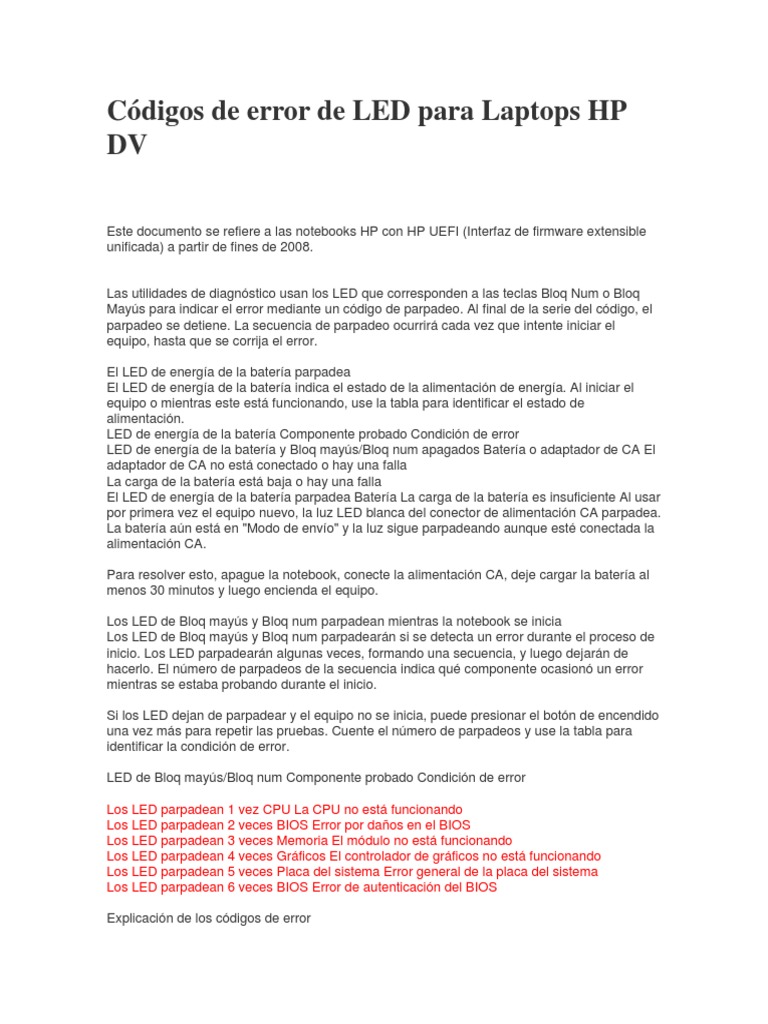 Códigos de error LED en laptops HP | PDF | Diodo emisor de luz | Bios