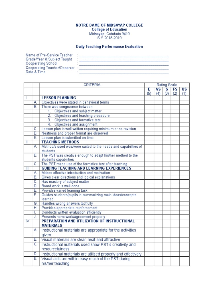 Daily Teacher Performance Evaluation Form | PDF | Lesson Plan | Homework