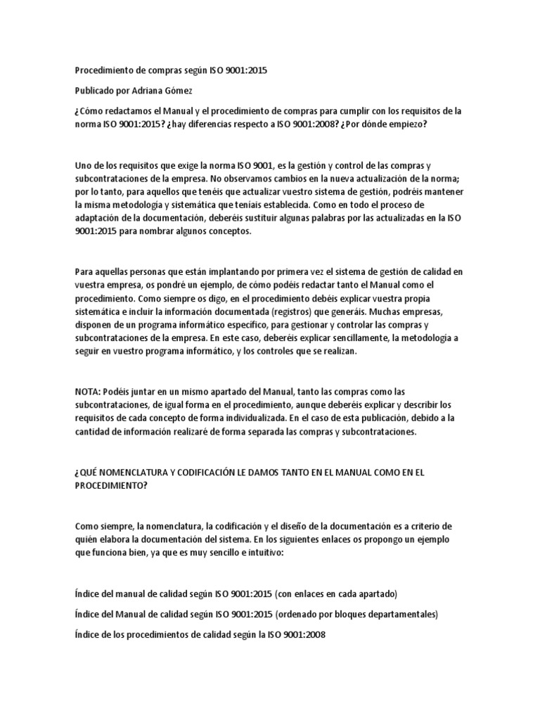 Procedimiento de Compras ISO 9001:2015 | PDF | Calidad (comercial ...