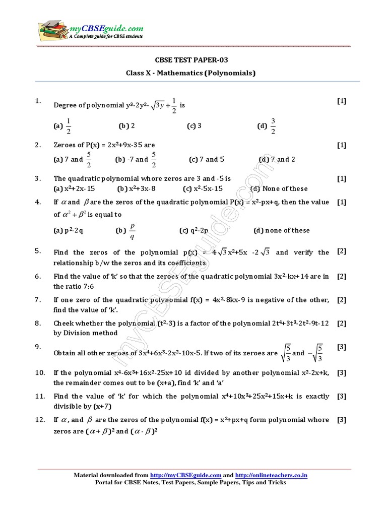 Class 10 Polynomial Test Paper | PDF | Polynomial | Zero Of A Function