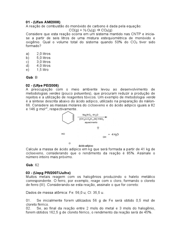 Calculo Estequiometrico - Rendimento - 65 Questões | PDF | Diesel ...