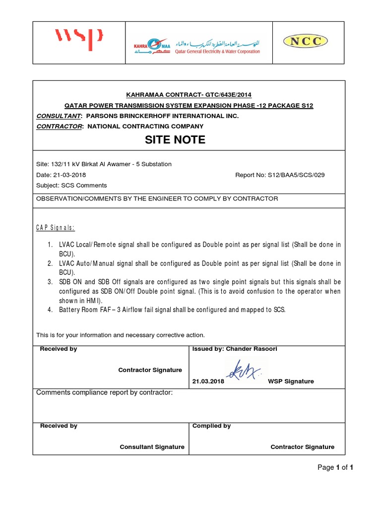 Site Note for Birkat Al Awamer Substation | PDF