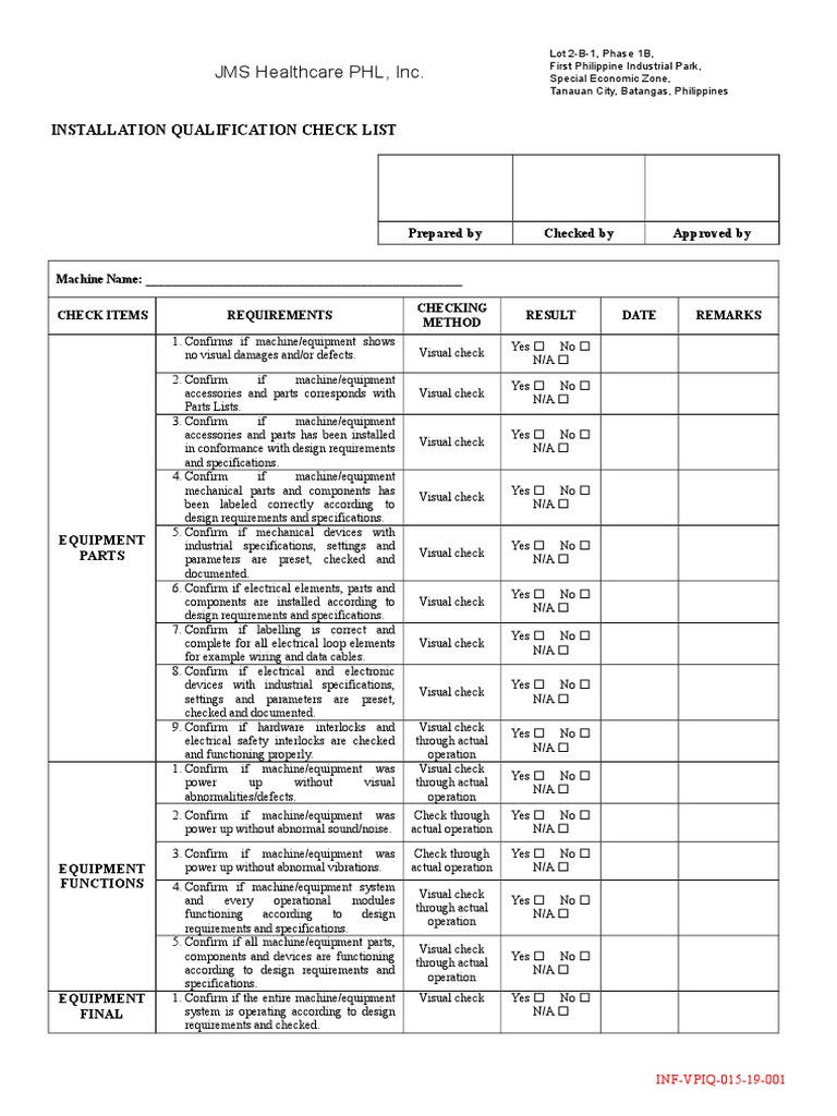 Installation Qualification Checklist | PDF | Machines | Manufactured Goods