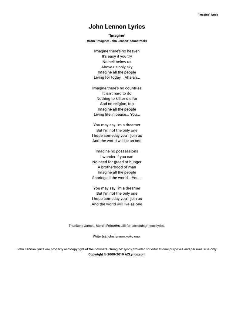 John Lennon - Imagine Lyrics | PDF | Families Of The Beatles Members | The  Beatles