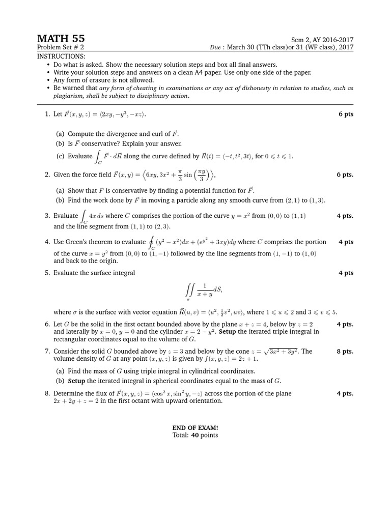 Math 55 Probset 2 PDF Integral Volume